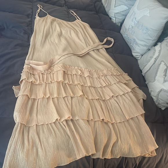 Sundress brand apricot w/gold lurex thread tiered gauze low back maxi w/ruffles - Picture 2 of 9